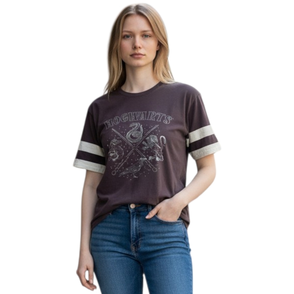Harry Potter Hogwarts Black Short Sleeve Tee Striped Sleeved Large